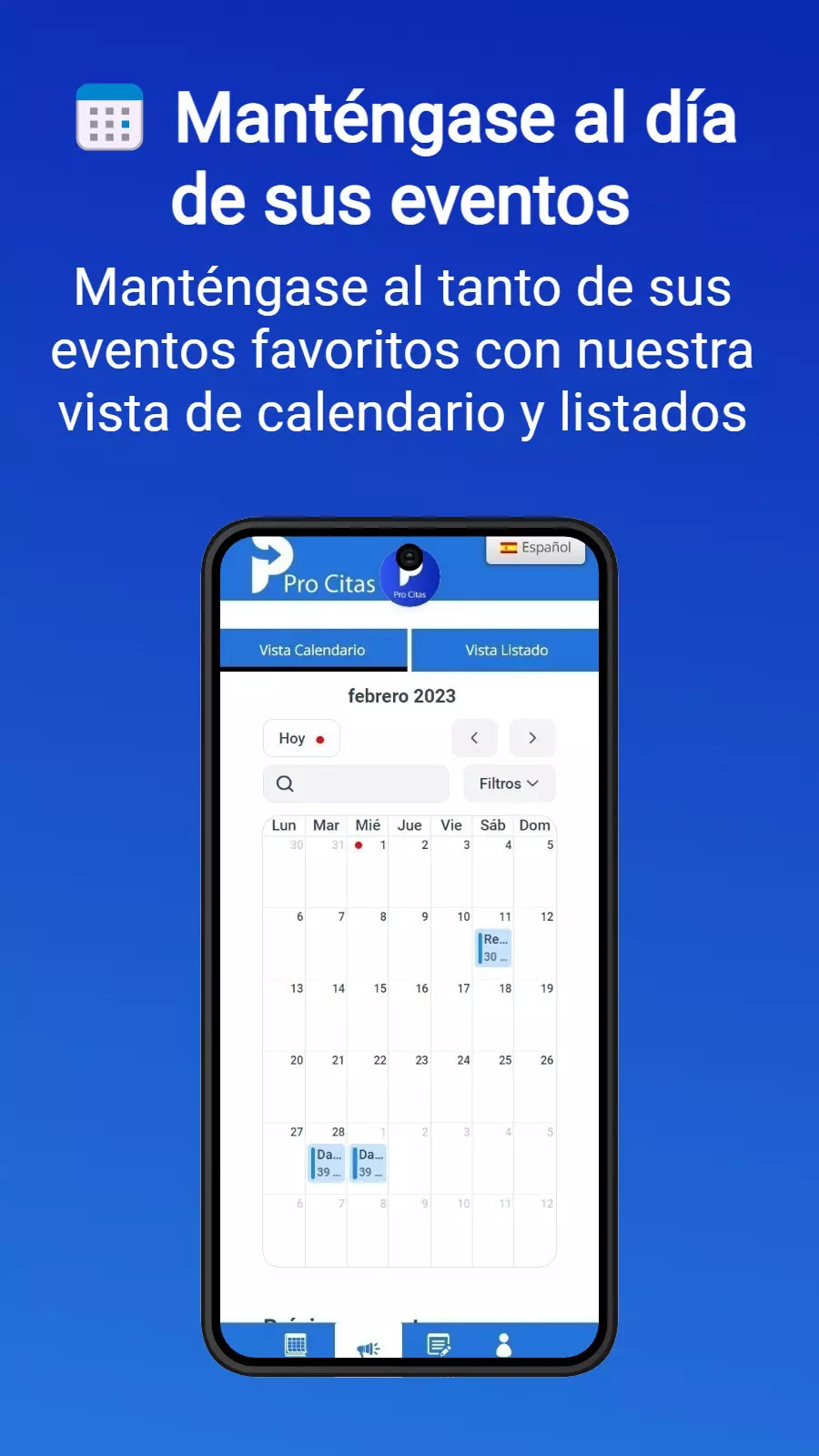 Captura de pantalla de Eventos en Pro Citas